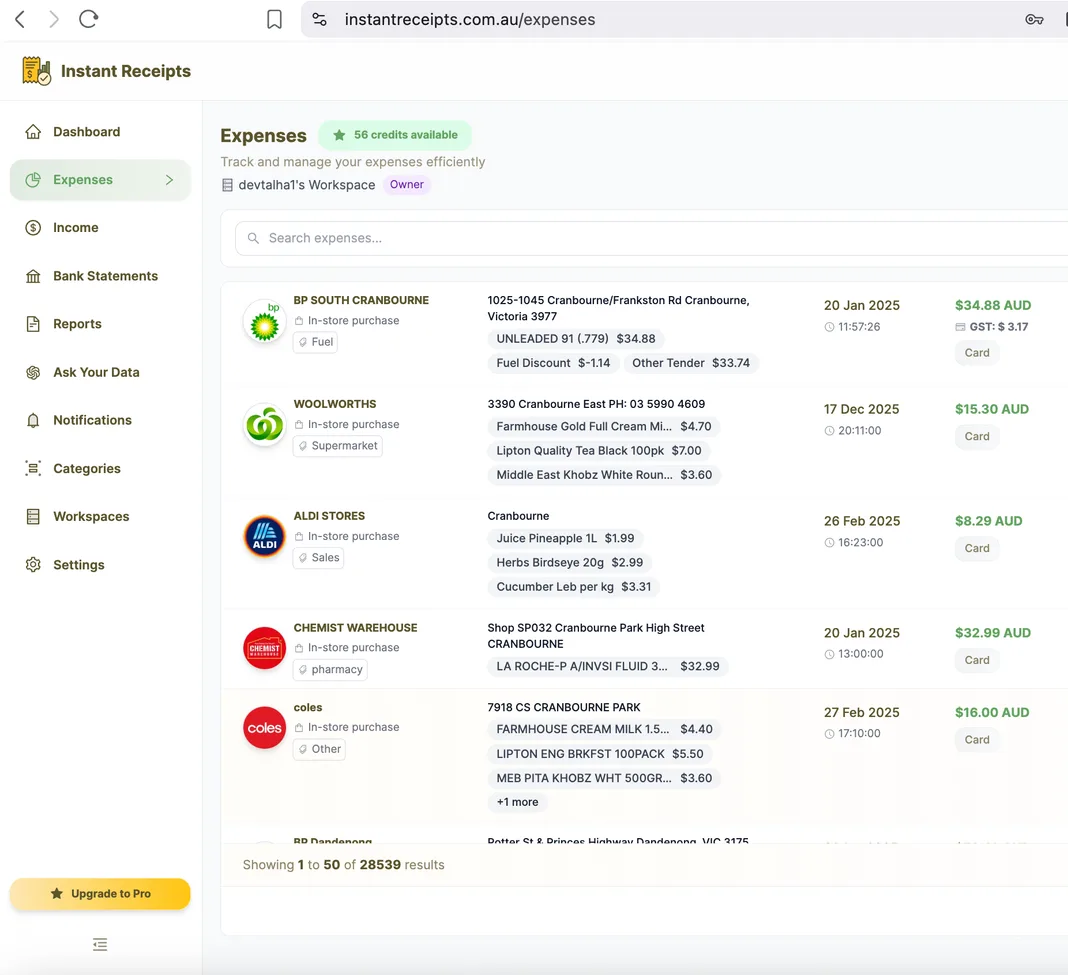 Instant Receipts Dashboard - Expense Management